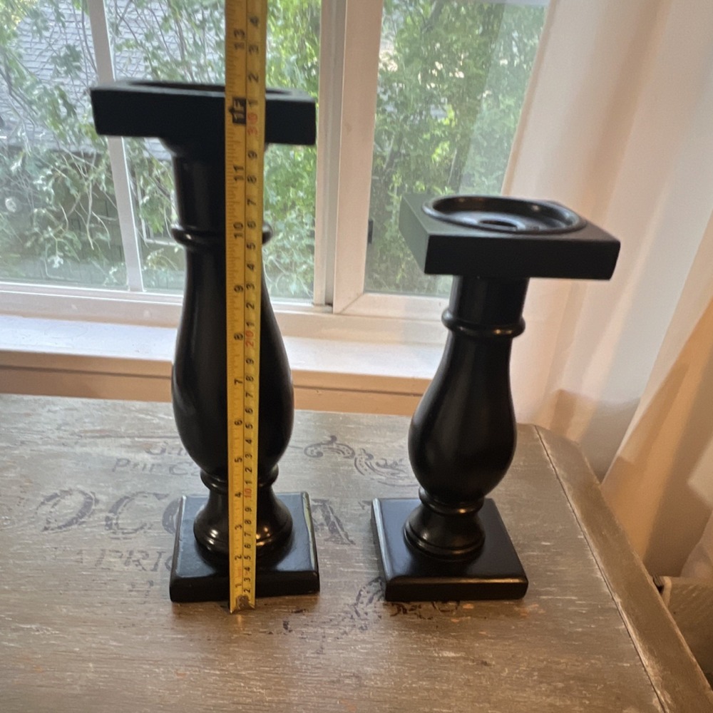Set of 2 Black Painted Wood Square Pedestal Candlesticks 12" & 8" - Picture 3 of 4